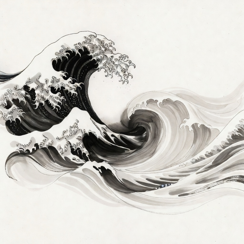 Ink wash painting — waves and balance